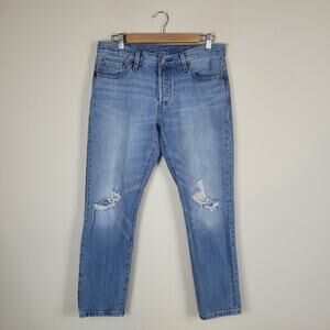 Levi's 501 Jeans Womens 32x27 Blue Denim Button Fly Mid Rise Tapered Distressed